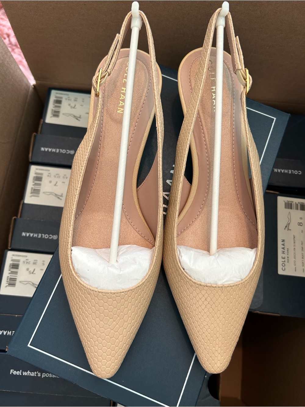 Cole Haan Jocelyn Beige Textured Pointed Slingback Pumps